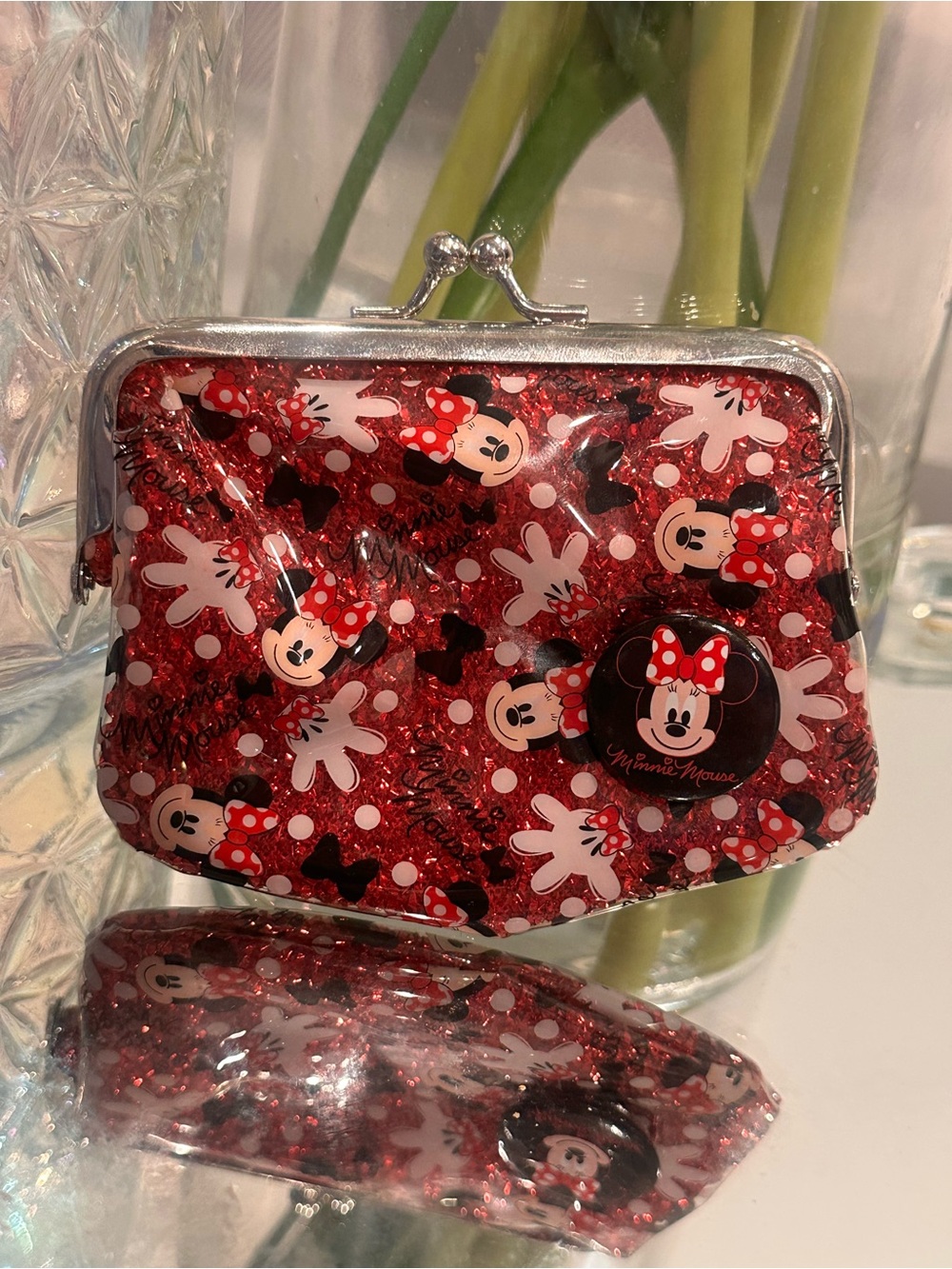 Disney Minnie Mouse Red Glitter Kiss-Lock Coin Purse Y2K Sparkle Wallet Vintage
